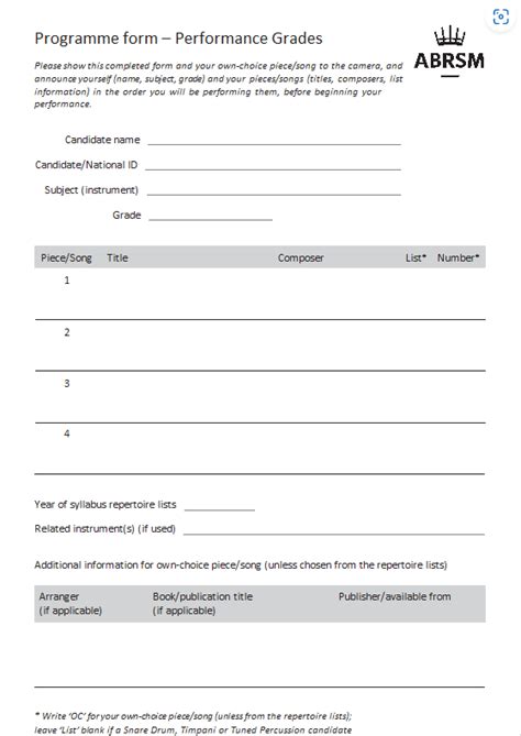 Before completing the <b>form</b> please read the instructions provided in the PDF below and on our ARSM pages. . Abrsm programme form sample